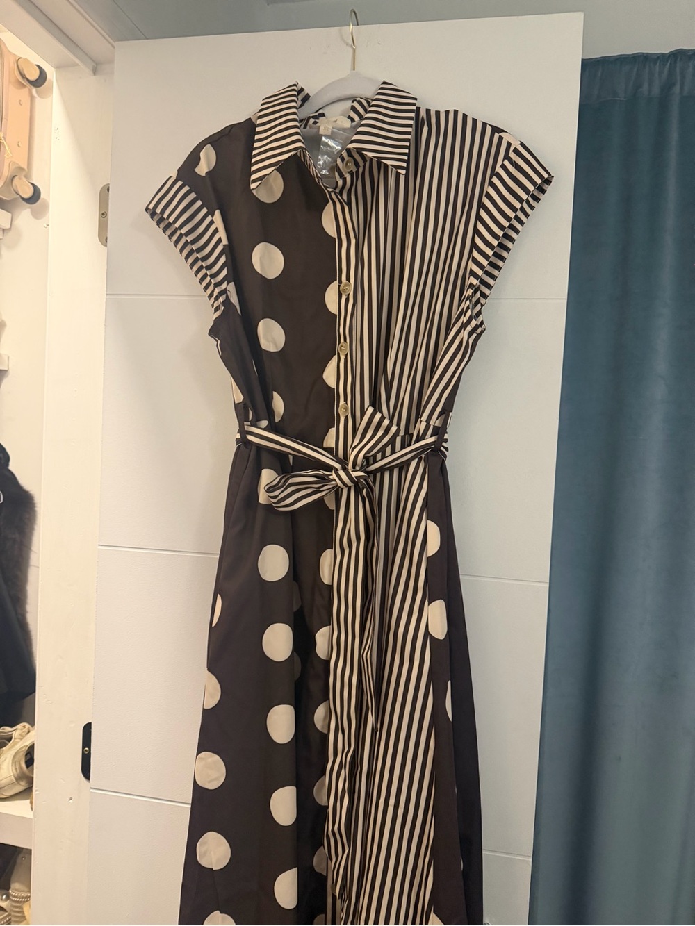 Polka Dot & Stripe Belted Dress - Brown/Cream